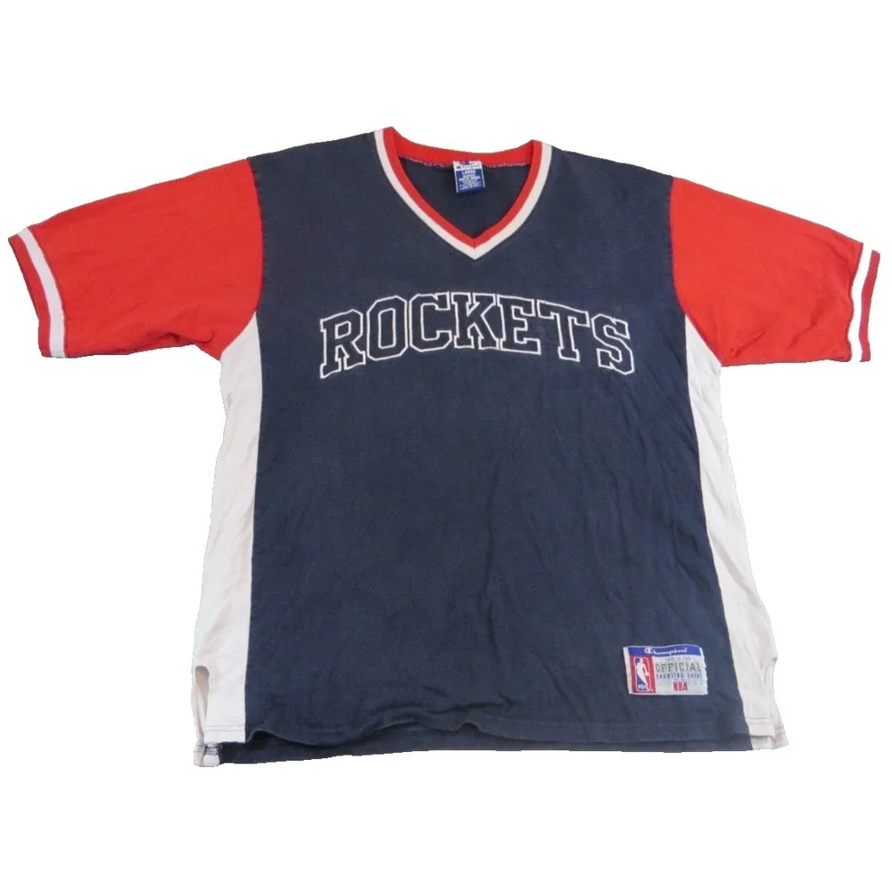 VTG Champion Houston Rockets Shooting Shirt 90s NBA Warm Up Jersey Men L Blue SS